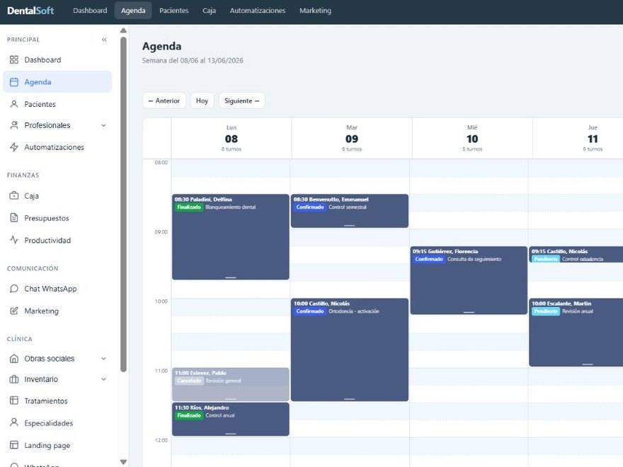 DentalSoft weekly agenda with appointments across practitioners