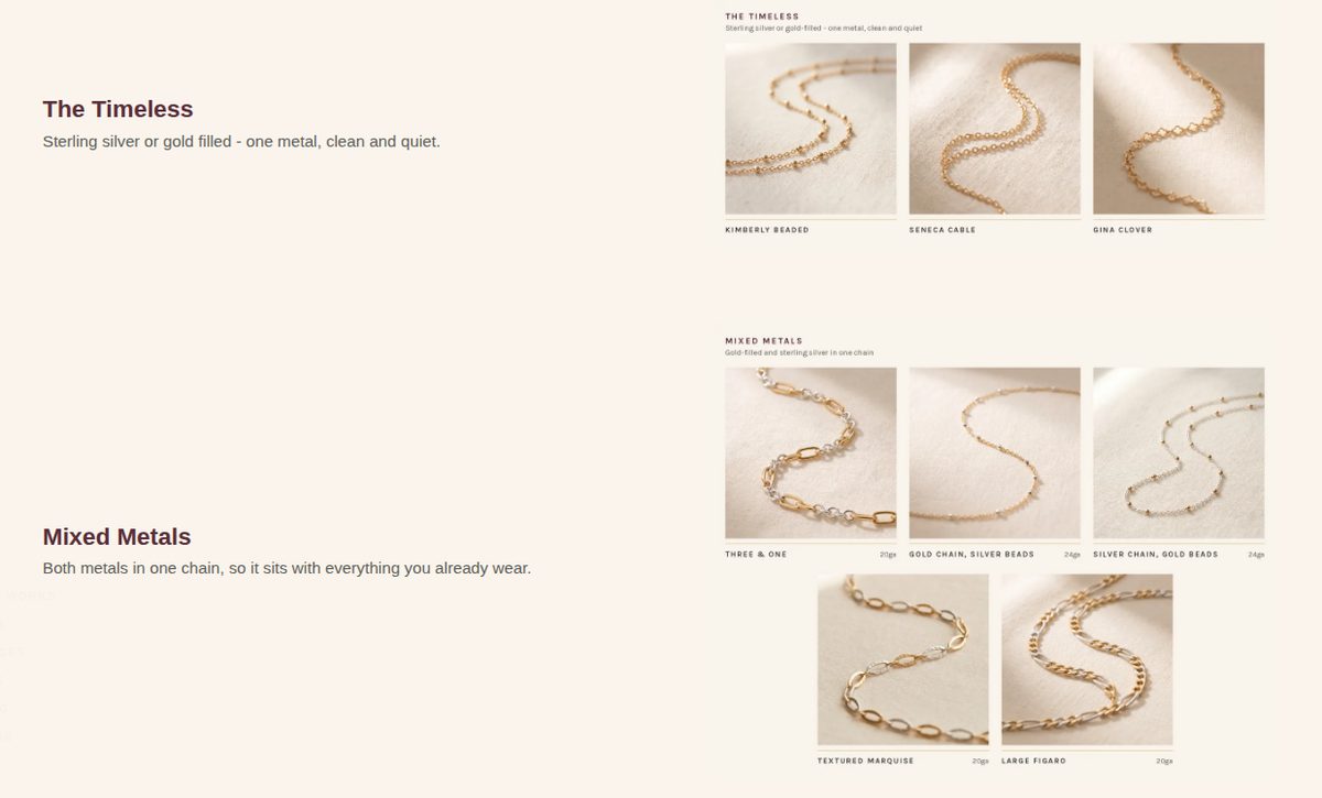 The Chains and Charms section after revision: The Timeless and Mixed Metals collections with their headings set above the product photographs, each chain named beneath its image