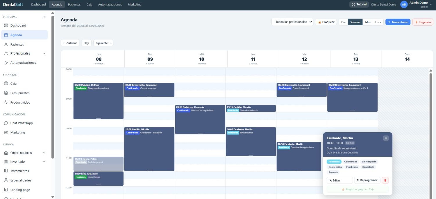 DentalSoft weekly agenda: a sidebar of modules, a week of appointments by day, and an open appointment card with status options and a reschedule button