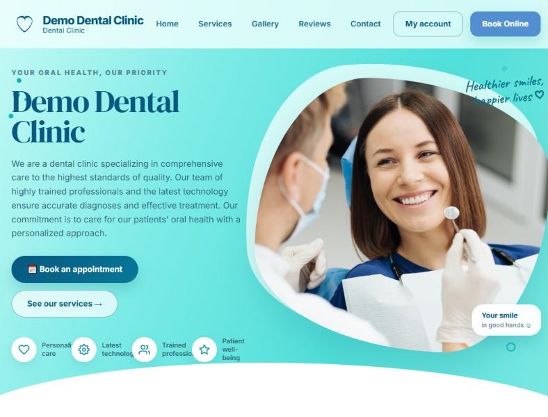The same demo clinic website translated into English, with a Book an appointment button and the Appointment booking virtual assistant
