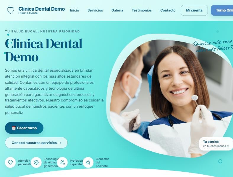 Demo clinic website in Spanish, with a Sacar turno button and the Gestión de turnos virtual assistant