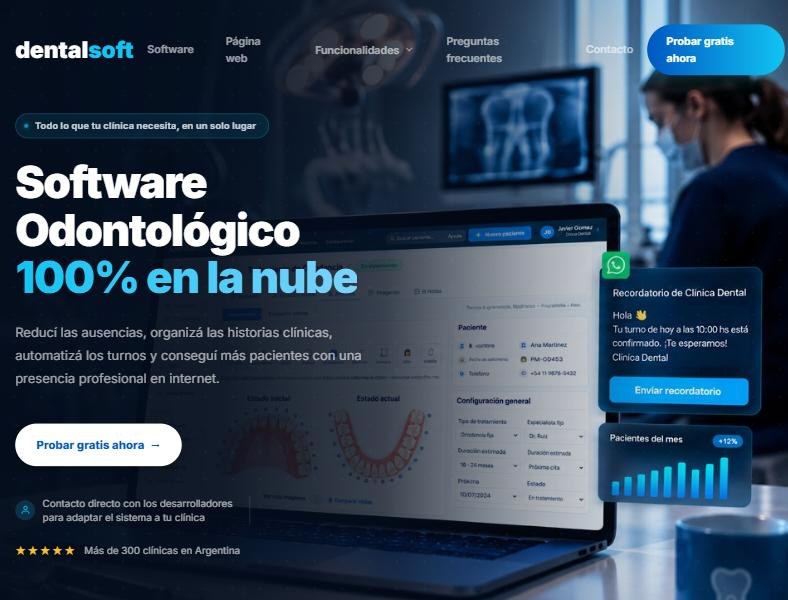 DentalSoft home page in Spanish: Software Odontológico, 100% en la nube, with a laptop showing the orthodontics module
