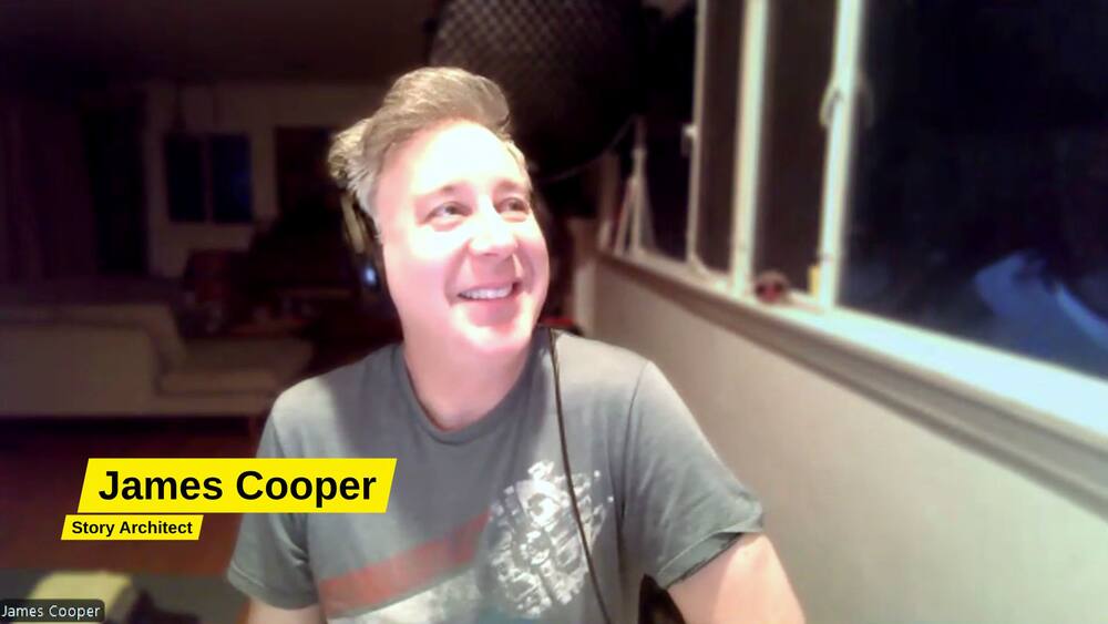 James Cooper on the Zoom call, smiling, with his name tag reading James Cooper, Story Architect.