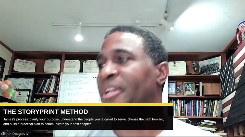 Term card reading The Storyprint Method, over Clinton Douglas IV.