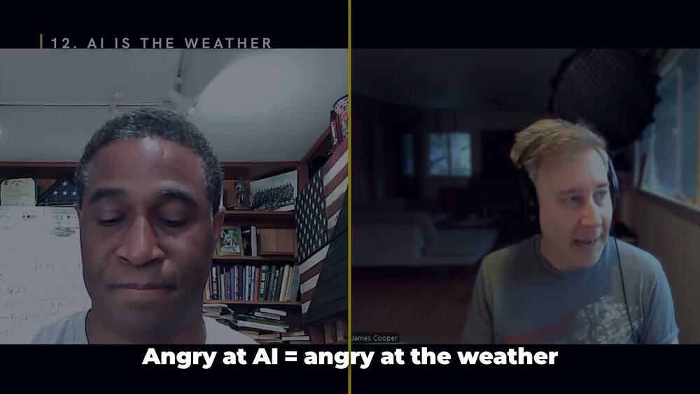 Two-shot with the chapter label AI is the weather and the caption Angry at AI equals angry at the weather.