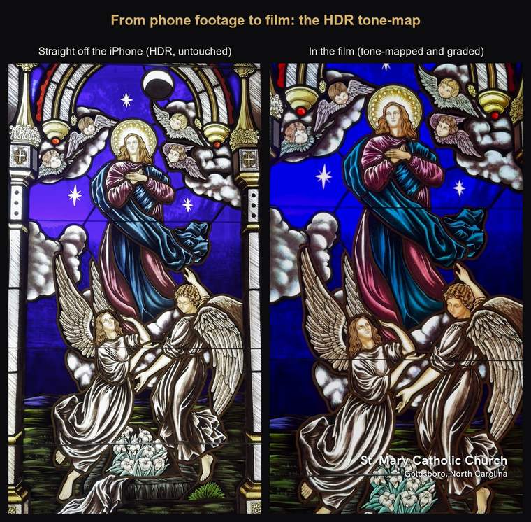 Side by side: the Marian window straight off the iPhone with purple-shifted blues, and the same window tone-mapped and graded in the film