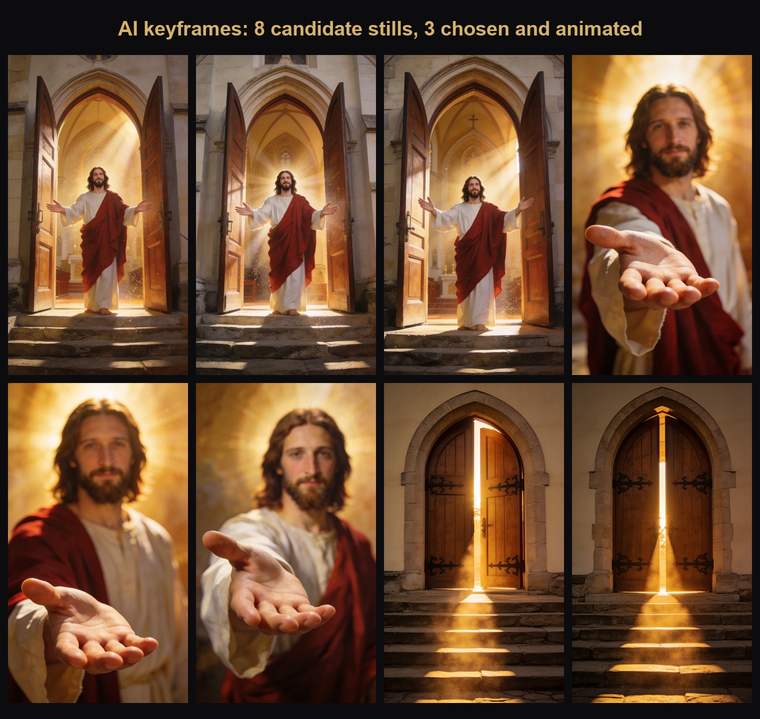 Grid of eight AI candidate stills: Jesus in a doorway, an open hand, and church doors opening into light