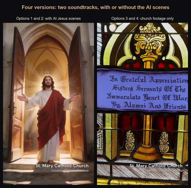 The same moment in two versions: the AI doorway scene beside the church&rsquo;s own stained-glass window